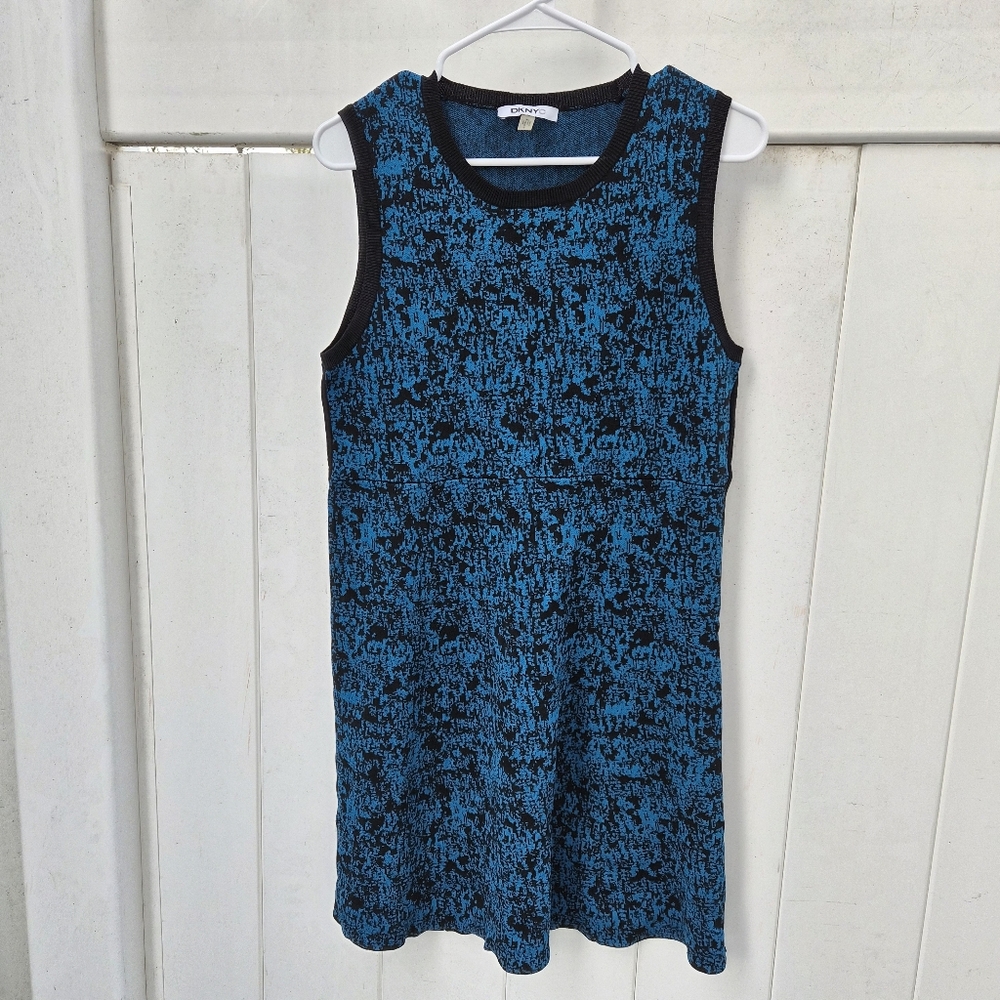 DKNYC Blue Black Abstract Crackle Knit Sleeveless Sheath Dress XL Round Neck